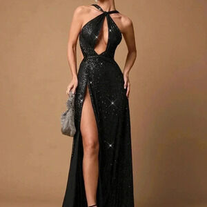 Black Elegant Womens Glitter Sequin Party Dress with Hollow Tie-Up Design & Slit